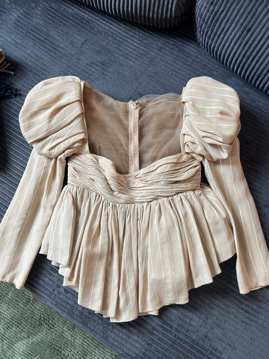 KHAITE Tops - KHAITE Cream Pinstripe Puff-Sleeve Peplum Top
